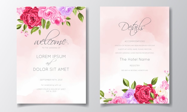 Elegante diseño de plantilla de tarjeta de invitación de boda con flores rosas y hojas verdes