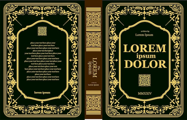Elegante diseño de portada adornada en oro con un marco para el autor del título y el editor