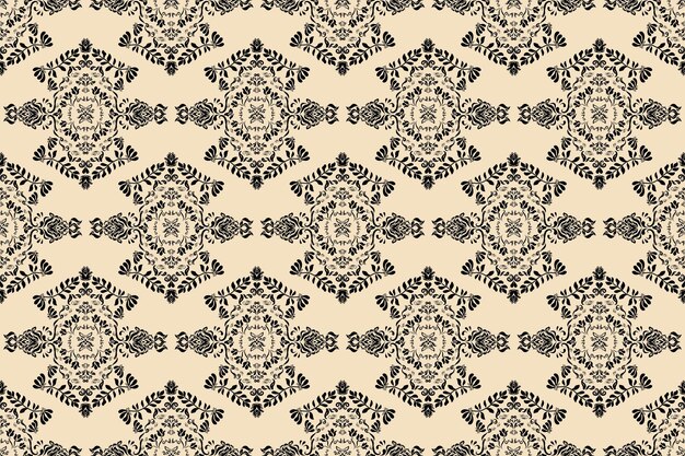Elegante diseño simétrico de repetición floral en negro en marfil