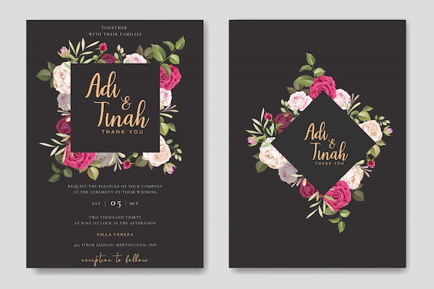 Elegante diseño de tarjeta de boda con plantilla de corona de rosas hermosas