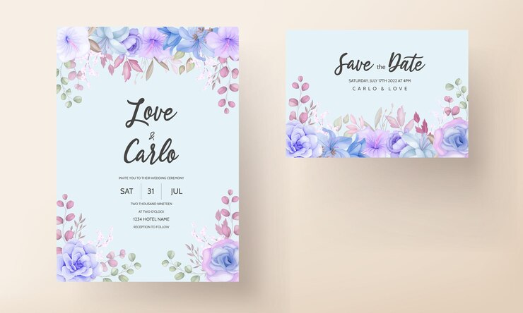 Elegante diseño de tarjeta de invitación de boda con flores y hojas.