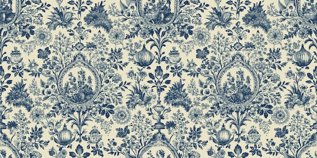 Elegante diseño de tela con patrones florales azules y cremas
