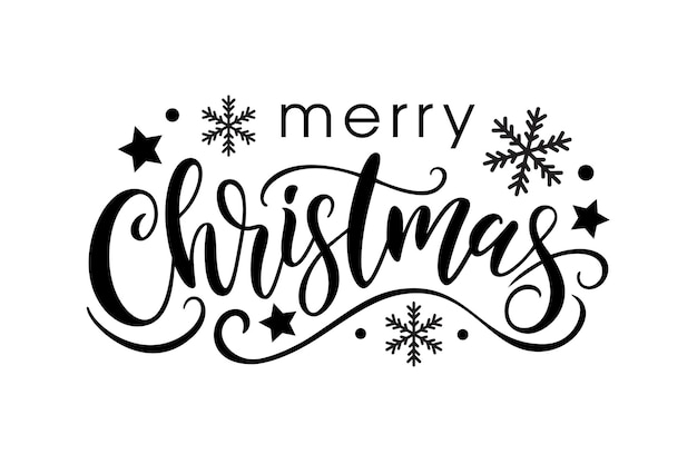 Elegante diseño tipográfico de Feliz Navidad con copos de nieve y estrellas perfecto para tarjetas de felicitación festivas de vacaciones, publicaciones en redes sociales, marketing digital y decoraciones estacionales