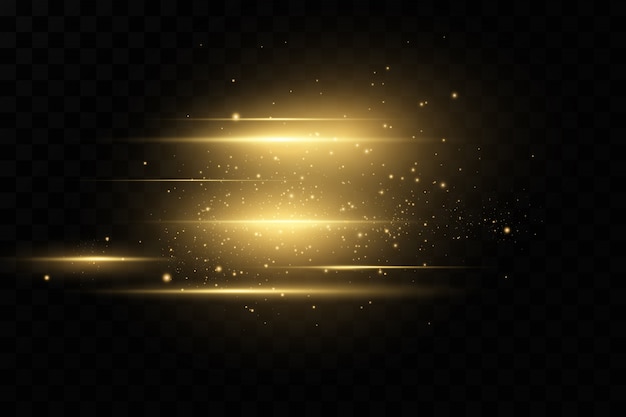 Elegante efecto de luz dorada. Resumen rayos láser de luz. Caóticos rayos de luz de neón. Brillos dorados Aislado sobre fondo oscuro transparente.