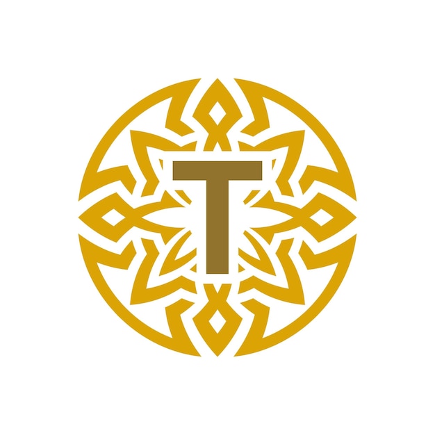 elegante emblema insignia letra inicial T étnico antiguo patrón círculo logotipo