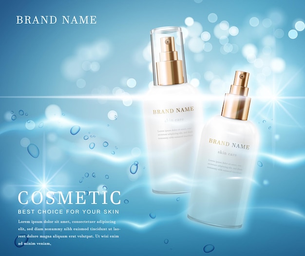 Elegante envase de botella cosmética con banner de plantilla de fondo brillante de agua brillante.
