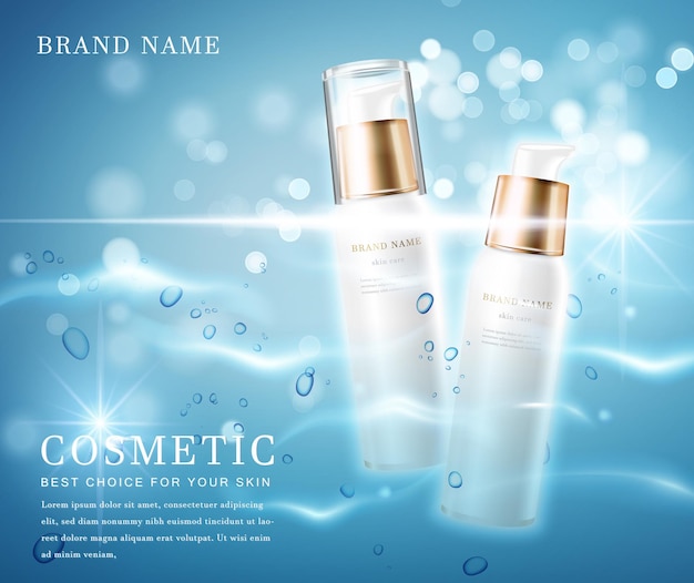 Elegante envase de botella cosmética con banner de plantilla de fondo brillante de agua brillante.