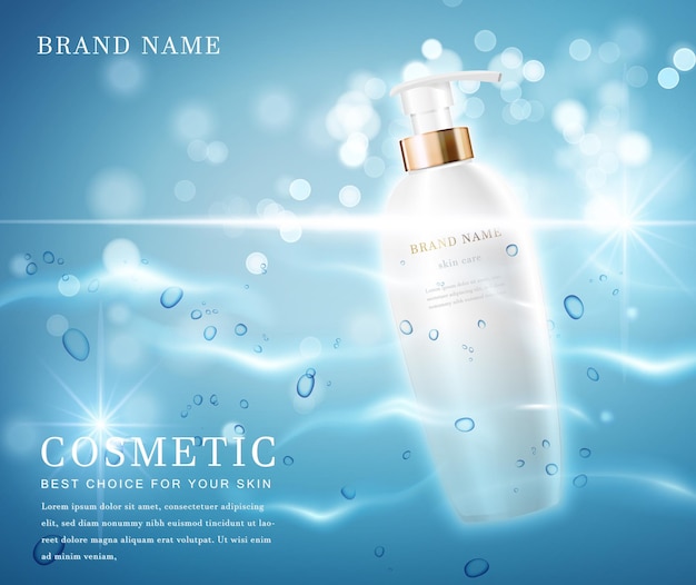 Elegante envase de botella cosmética con banner de plantilla de fondo brillante de agua brillante.
