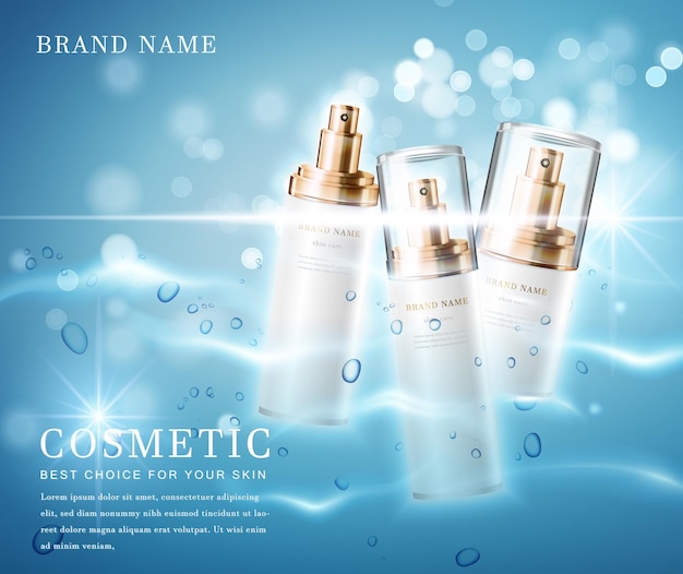Elegante envase de botella cosmética con banner de plantilla de fondo brillante de agua brillante.