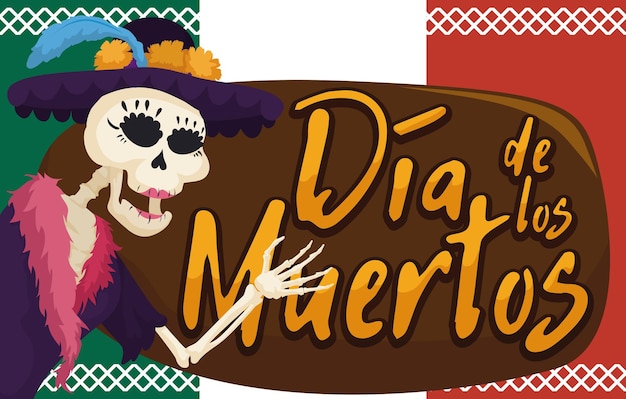 Vector elegante esqueleto de catrina vistiendo un elegante sombrero y bufanda de plumas en el día de muertos mexicano