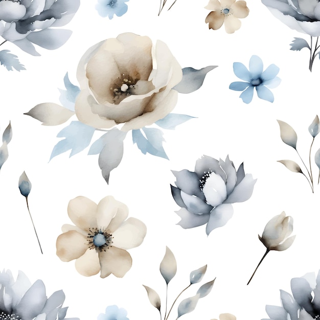 Elegante estampado sin fin de patrones sin fisuras con flores de acuarela azul gris y beige ilustración vectorial