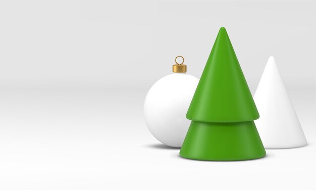 Elegante estandarte navideño con bola de abeto verde de juguete 3D en fondo blanco de estudio vectorial realista
