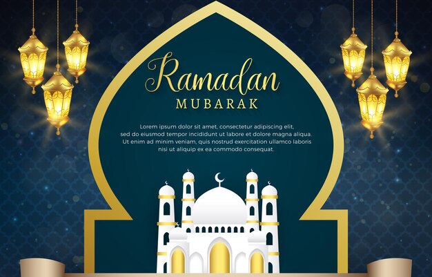 Elegante estandarte de ramadán mubarak con hermoso adorno islámico brillante de lujo y fondo azul y dorado degradado abstracto