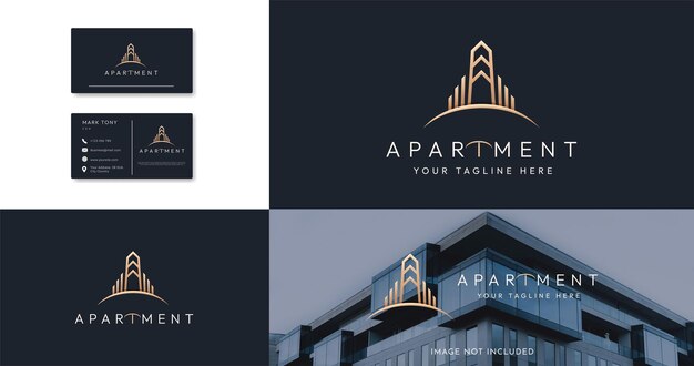 Elegante estilo de arte de línea de logotipo de arquitectura de edificio de ciudad de lujo con diseño de tarjeta de visita