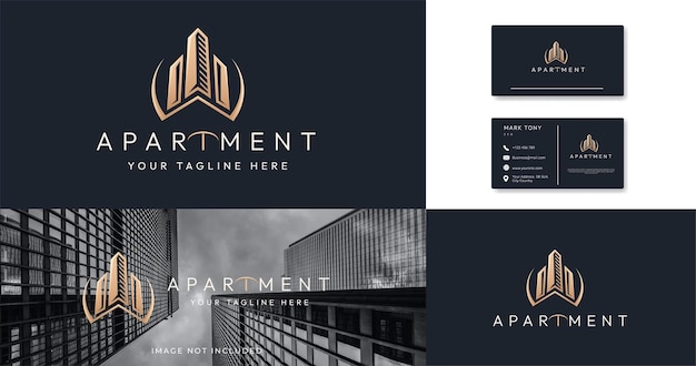 Elegante estilo de arte de línea de logotipo de arquitectura de edificio de ciudad de lujo con diseño de tarjeta de visita