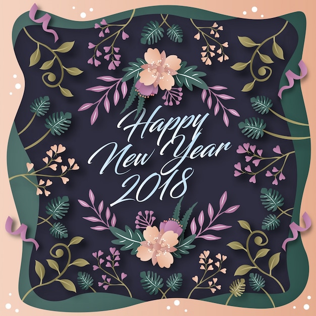 Vector elegante feliz año nuevo 2018 arte de papel floral tarjeta de felicitación ilustración