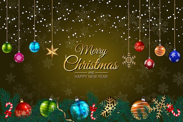 Elegante Feliz Navidad y Feliz Año Nuevo Fondo con adornos y copos de nieve