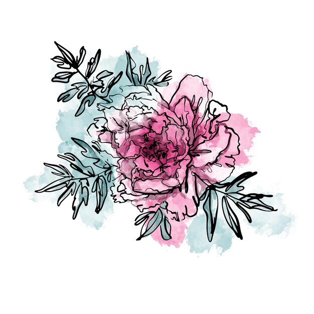 Elegante flor de peonía rosa acuarela con hojas aisladas sobre fondo blanco. Arte lineal negro