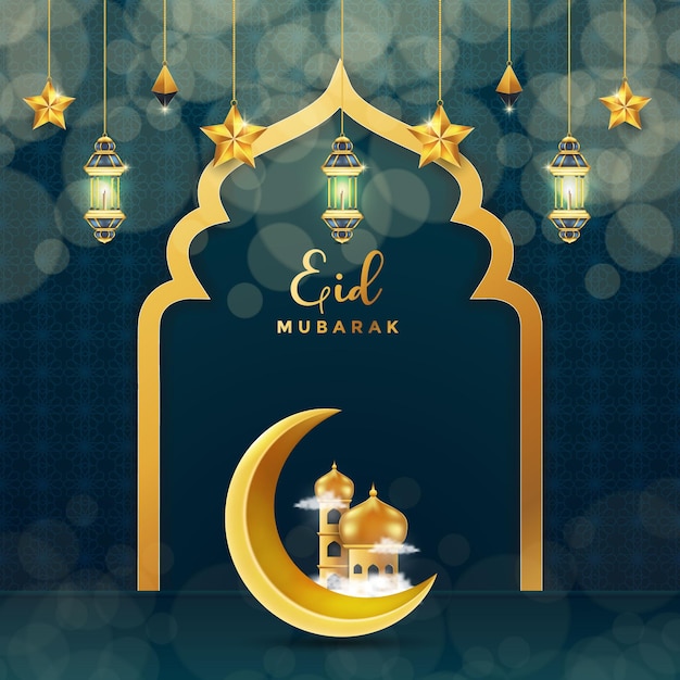 Vector elegante fondo árabe de eid mubarak con estrellas de farol de luna dorada con ornamentación árabe