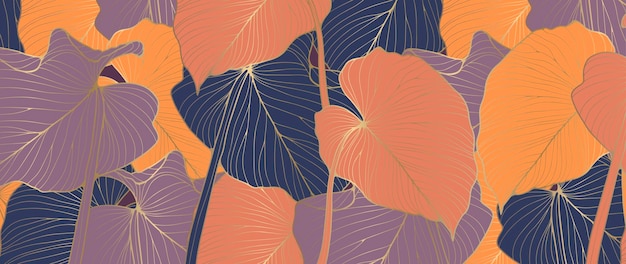 Un elegante fondo botánico con hojas tropicales en tonos coral y azul con contornos dorados
