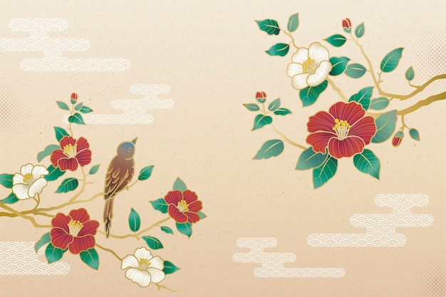 Elegante fondo de camelia y aves con espacio de copia