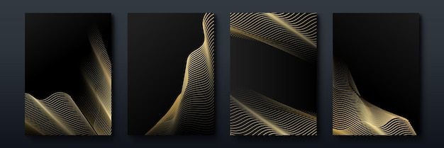 Elegante fondo de diseño de cubierta de lujo en negro y oro con líneas abstractas. Conjunto moderno de diseño de cubierta de rayas negras. Patrón de línea diagonal dinámica de oro creativo de lujo. Vector premium formal para negocios
