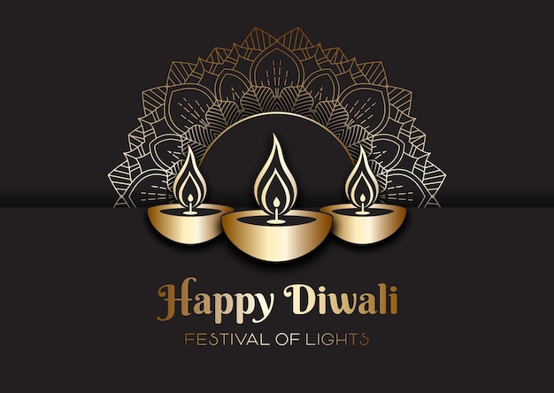 Elegante fondo de Diwali con lámparas de oro y diseño de mandala