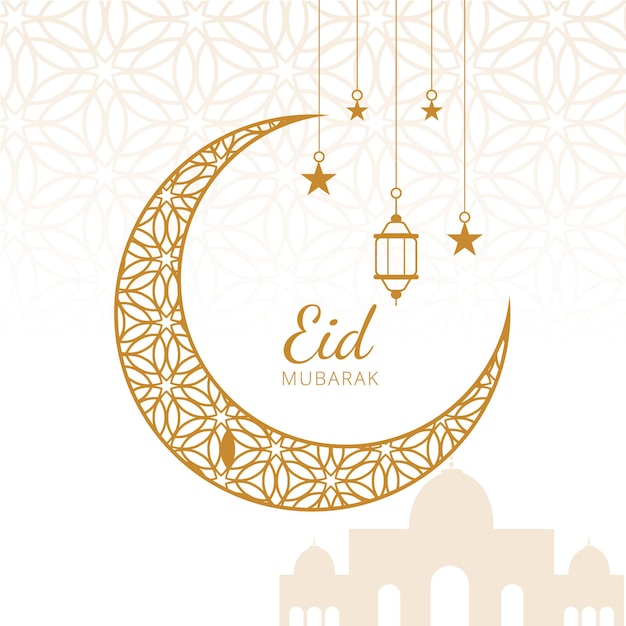 Vector elegante fondo dorado de saludo del festival eid con mezquita estrella luna y fondo islámico