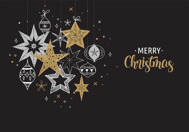 Elegante fondo de feliz Navidad, banner y tarjeta de felicitación, colección de copos de nieve y estrellas