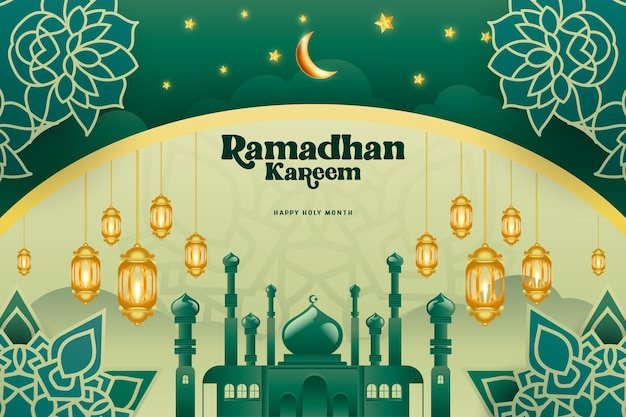 Elegante fondo glamuroso y póster Ramadan Kareem con estilo de gradiente e icono realista