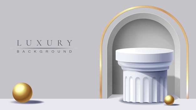 Elegante fondo de lujo con un pedestal de columna clásica blanca arco dorado y esferas decorativas