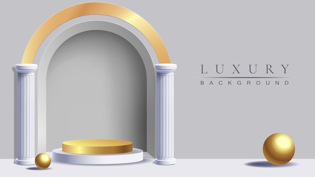 Elegante fondo de lujo con una plataforma dorada columnas blancas clásicas y una estructura arqueada en