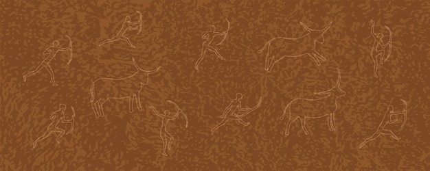 Vector elegante fondo luminoso en tonos marrón anaranjado con texturas y dibujos al estilo de la cueva de lascaux fondo abstracto con contornos de toros y cazadores con lazos pinturas rupestres