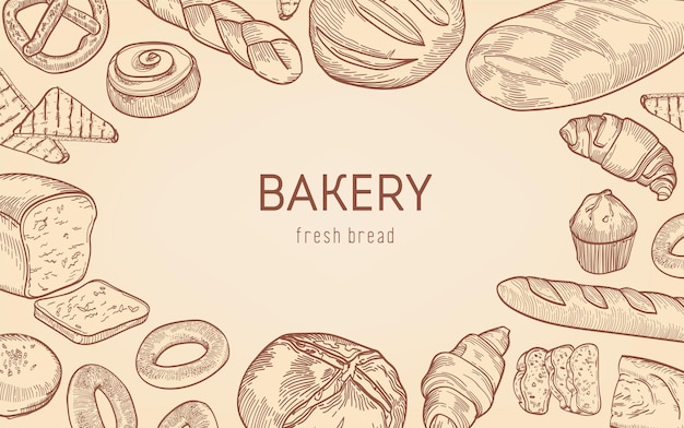 Elegante fondo de marco monocromo hecho de panes, productos horneados dulces, pastelería casera