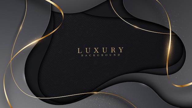 Elegante fondo negro abstracto con elementos de línea dorados. Concepto moderno 3d de estilo de corte de papel de lujo realista. ilustración vectorial para el diseño.