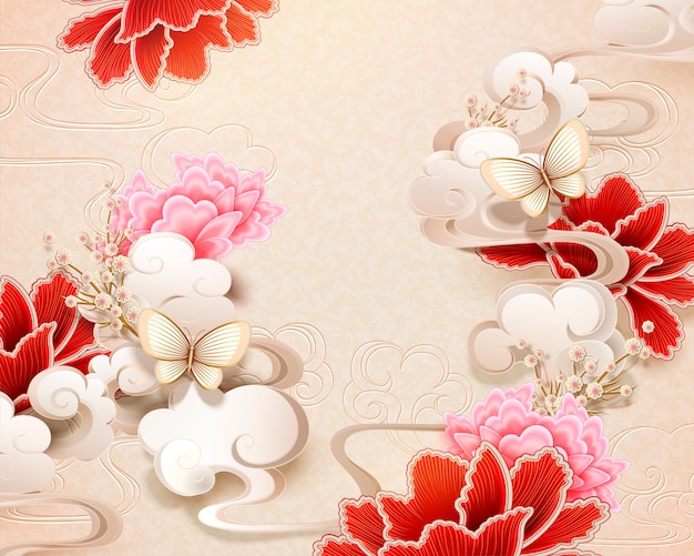 Elegante fondo de peonía y mariposa en estilo de arte de papel