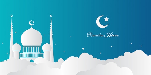 Elegante fondo de Ramadán Kareem con mezquita y decoración de media luna