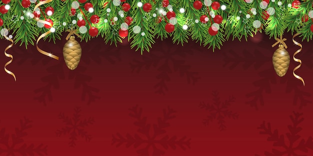 Elegante fondo rojo brillante de Navidad con copos de nieve decorados con ramas de abeto, bayas de acebo