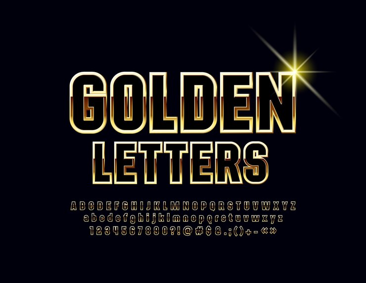 Vector elegante fuente brillante números y símbolos de letras del alfabeto negro y dorado