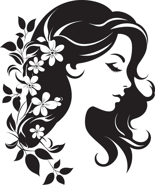 Elegante glamour botánico vector mujer icono graciosa silueta floral emblema de cara negra