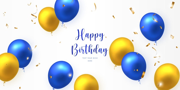 Vector elegante globo azul dorado amarillo y cinta de popper de fiesta plantilla de banner de tarjeta de celebración de feliz cumpleaños