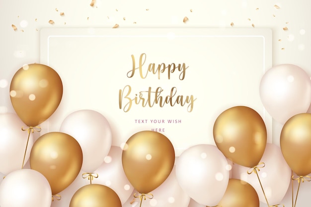Elegante globo dorado y cinta Fondo de plantilla de banner de tarjeta de celebración de feliz cumpleaños