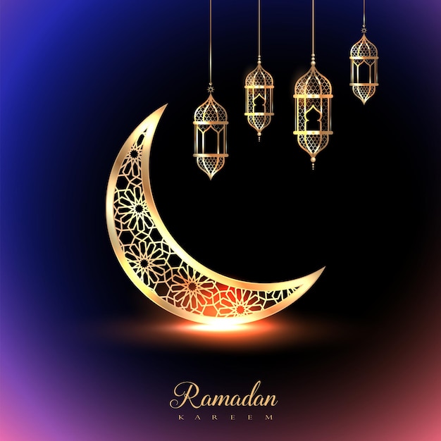 elegante gradiente tarjeta de celebración de Ramadán Kareem con media luna dorada y linternas colgando