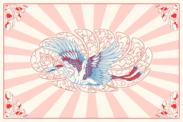 Elegante grulla en vuelo: una ilustración floral inspirada en el vintage