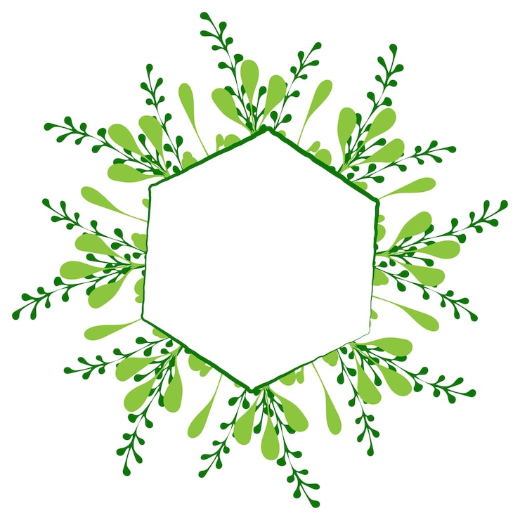 Vector elegante hexágono verde rodeado de delicados patrones de hojas para diseños ecológicos