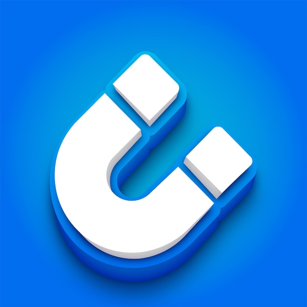 Elegante icono magnético 3D azul y blanco U con fondo azul