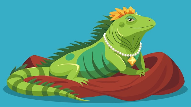 Vector una elegante iguana toma el sol en una almohada de terciopelo de peluche mientras mastica verduras orgánicas escogidas a mano