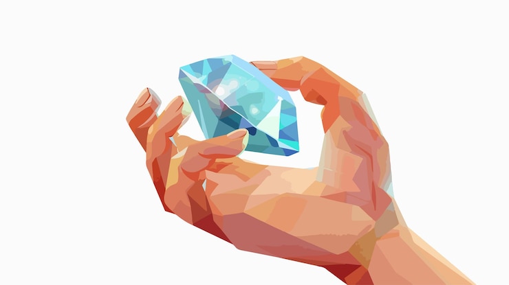 Vector elegante ilustración en 3d de una mano sosteniendo un diamante azul brillante