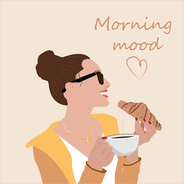 Vector elegante ilustración de una chica con café y un croissant