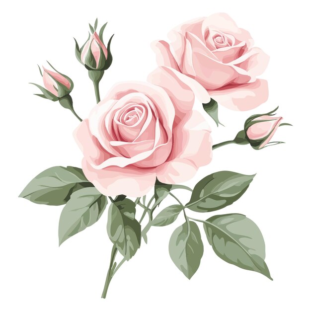 Elegante ilustración digital de rosas rosadas suaves con hojas y brotes verdes